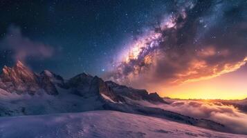 ai generado maravilloso invierno noche escena presentando el lechoso camino galaxia brillante encima nevadas montañas, ai generado foto