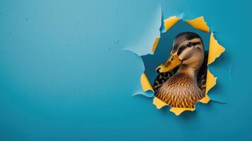 AI generated A humorous duck peers through a ripped hole in a contrast pastel color paper background, Ai Generated photo