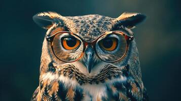 AI generated A funny portrait captures an owl wearing glasses, adding a whimsical touch to its wise demeanor, Ai Generated photo