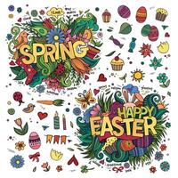 Easter and Spring hand lettering and doodles elements vector