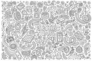 Line art vector doodle cartoon set of Electric cars objects