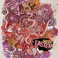 Cartoon hand-drawn Easter doodles watercolor art background vector