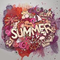 Summer watercolor hand lettering and doodles elements vector