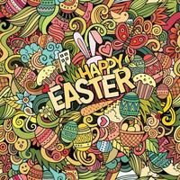 Cartoon hand-drawn doodles Happy Easter background vector