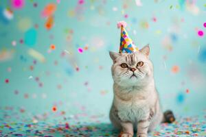 ai generado cabello corto gato vistiendo un vistoso cumpleaños sombrero foto