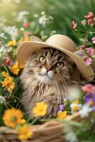 ai generado linda mullido gato en sombrero con Fresco primavera flores foto