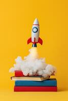 AI generated toy rocket launches from the books and begins to spew smoke photo