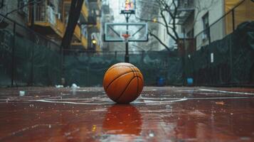 ai generado baloncesto todavía en el medio de un vacío ciudad baloncesto Corte foto