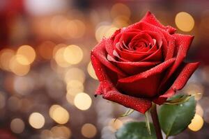 ai generado un rojo Rosa en lleno floración hermosa en bokeh antecedentes foto
