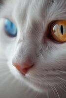 ai generado linda blanco gato uno ojo es dorado y el otro ojo tiene zafiro azul anormal alumnos foto