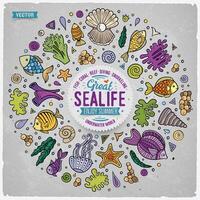 Set of Sealife cartoon doodle objects, symbols and items vector