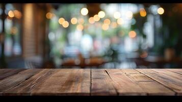 AI generated Wooden table blurred background of restaurant of cafe with bokeh photo