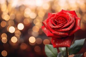 ai generado un rojo Rosa en lleno floración hermosa en bokeh antecedentes foto