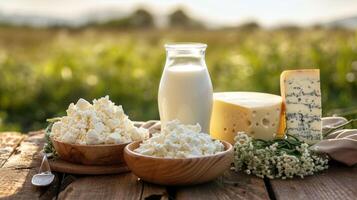 ai generado Leche y varios tipos de queso y cabaña queso en un de madera mesa en un granja en contra un campo, lechería granja productos foto