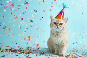 ai generado cabello corto gato vistiendo un vistoso cumpleaños sombrero foto