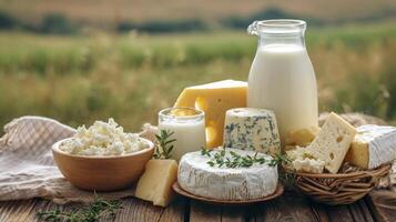 AI generated Milk and several types of cheese and cottage cheese on a wooden table on a farm against a field, dairy farm products photo