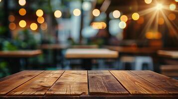 AI generated Wooden table blurred background of restaurant of cafe with bokeh photo