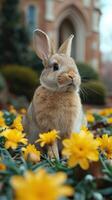 ai generado un linda pequeño Conejo jugando felizmente en el césped foto