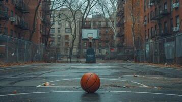 ai generado baloncesto todavía en el medio de un vacío ciudad baloncesto Corte foto