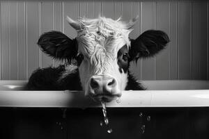 AI generated cow soaking relaxing in a bathtub photo