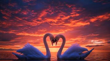 ai generado dos cisnes haciendo un corazón forma a puesta de sol formando un modelo de amor foto