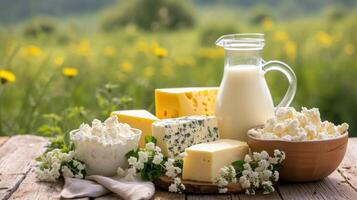 AI generated Milk and several types of cheese and cottage cheese on a wooden table on a farm against a field, dairy farm products photo