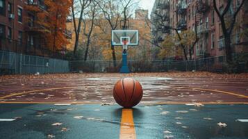 ai generado baloncesto todavía en el medio de un vacío ciudad baloncesto Corte foto