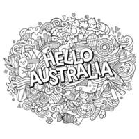Cartoon cute doodles hand drawn Hello Australia inscription vector
