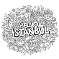 Cartoon cute doodles hand drawn Hello Istanbul inscription vector