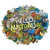 Cartoon cute doodles hand drawn Hello Australia inscription vector