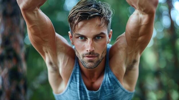 AI generated Portrait Of A Young Man Exercising With Dumbbells photo