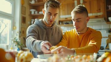 AI generated Two young men cooking together in the kitchen at home. photo