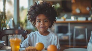 ai generado retrato de sonriente pequeño niña sentado a mesa en cocina a hogar foto