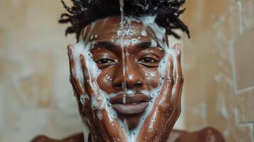 ai generado joven africano americano hombre tomando un ducha, Lavado su cara foto