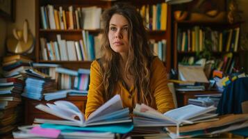 AI generated Beautiful young woman with long wavy hair working in the office photo