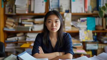 AI generated Portrait of a young Asian woman sitting at her desk in an office. photo
