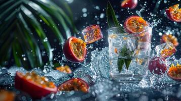 AI generated Passion fruit drink with ice and water splash on dark background. photo