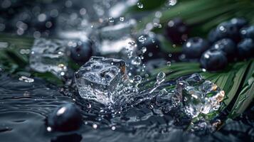 AI generated Blueberries falling into the water with ice cubes and splashes. photo