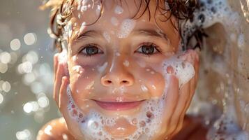 AI generated Little boy with soap foam on his face photo