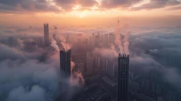 AI generated Beautiful aerial view of skyscrapers in the fog at sunset. photo