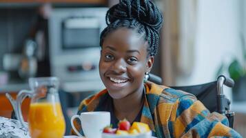 AI generated African american woman with afro hairstyle eating breakfast at home photo
