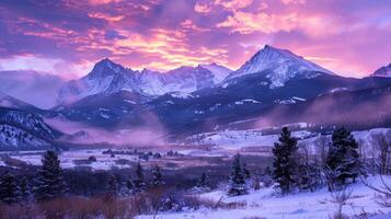 ai generado hermosa invierno puesta de sol en el montañas. dramático cielo, rosado y púrpura colores. foto