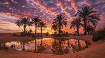 AI generated Sunset in the desert with palm trees and reflections in the water photo