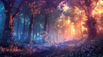 AI generated Mystical forest in the morning fog. photo