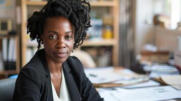 AI generated Serious african american businesswoman sitting at desk in office photo