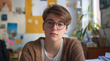 AI generated Young woman sitting at her desk in the office. Business concept photo