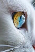 AI generated cute white cat one eye is golden and the other eye has sapphire blue abnormal pupils photo