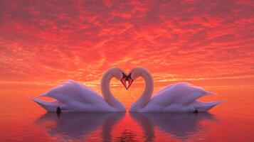 ai generado dos cisnes haciendo un corazón forma a puesta de sol formando un modelo de amor foto