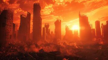 AI generated City destroyed by a fire. Global warming concept photo