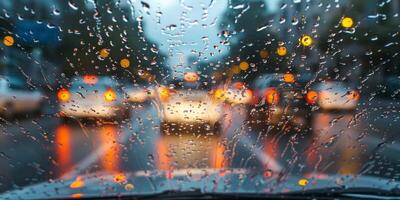 AI generated Rain drops on car windshield. Blurred traffic in the city. photo